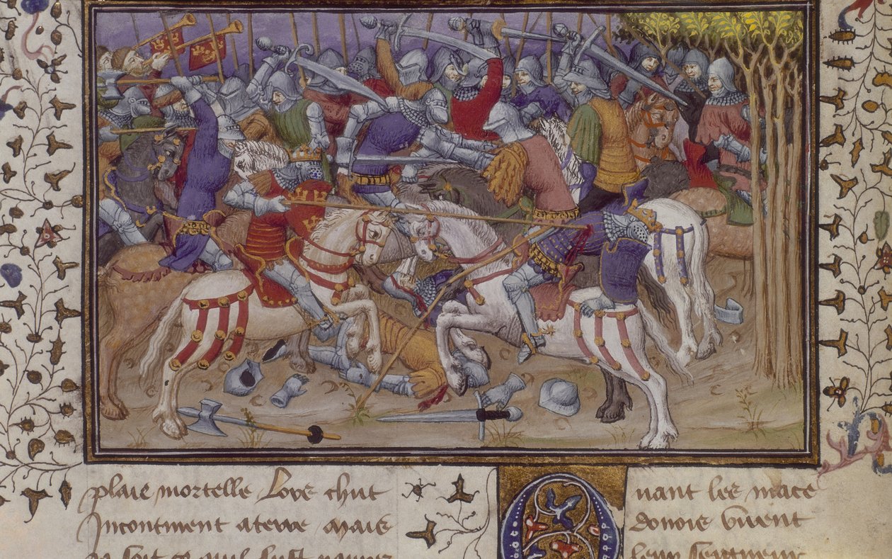 MS Royal 20 B.XX fol.16v Fülöp legyőzése Pausaniastól, lovas lovagok harcával, Pseudo-Callisthenes „La Vraye Histoire du Bon Roy Alixandre” című művéből, 15. század eleje (vellum) alkotó: French School