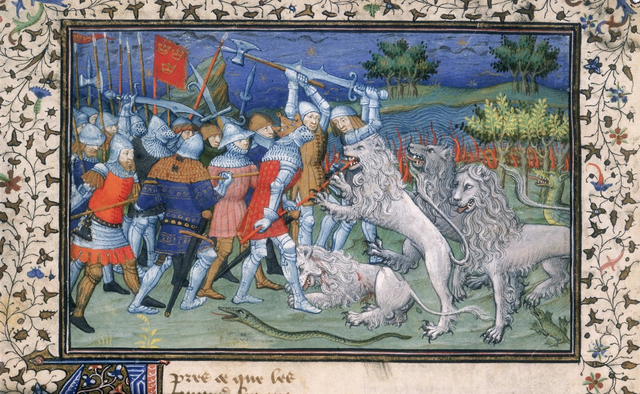 MS Royal 20 B.XX fol.50v Nagy Sándor (Kr. e. 356-323) harcai fehér oroszlánokkal, Pseudo-Callisthenes „La Vraye Histoire du Bon Roy Alixandre” című művéből, 15. század eleje (vellum) alkotó: French School