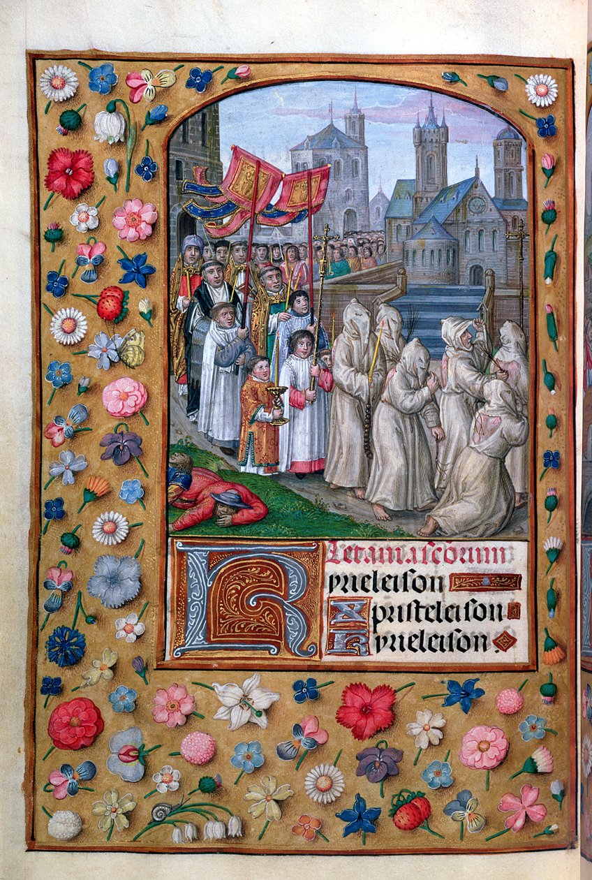 MS Vol. 137 f.136v I. Gergely pápa (kb. 540-604) körmenete Rómán keresztül 590-ben, egy francia Órakönyv litániáiból, 16. század eleje alkotó: French School