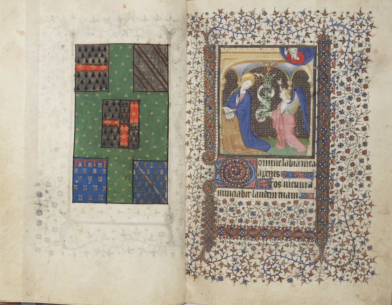 MS Widener 4, ff.26v-27r, Címer és az Angyali üdvözlet, az órák könyvéből, Rennes használata, 1405 körül (toll, tinta és tempera pergamen) alkotó: French School