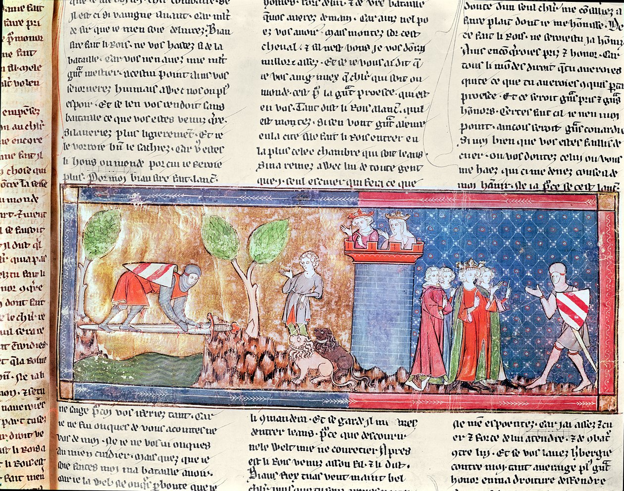 M. 806 f.166 Lancelot úgy bizonyítja Guinevere iránti szeretetét, hogy átkelt egy éles karddal áthidalt folyón, a római de Lancelot du Lacból, 1344 alkotó: French School