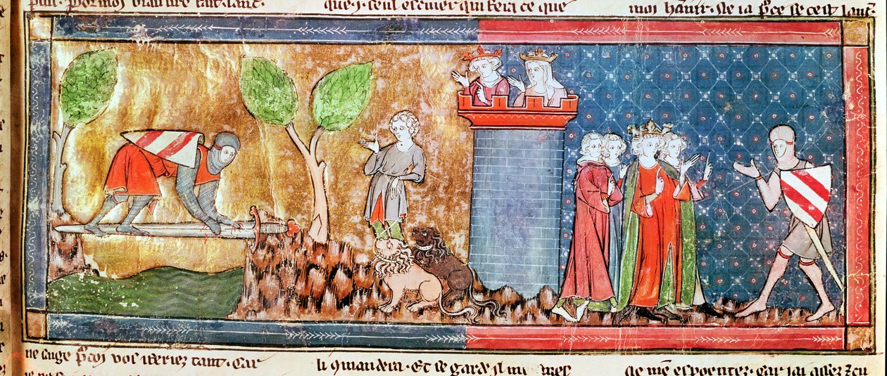 M. 806 f.166 Lancelot úgy bizonyítja Guinevere iránti szeretetét, hogy átkelt egy éles karddal áthidalt folyón, a római de Lancelot du Lacból, 1344 alkotó: French School
