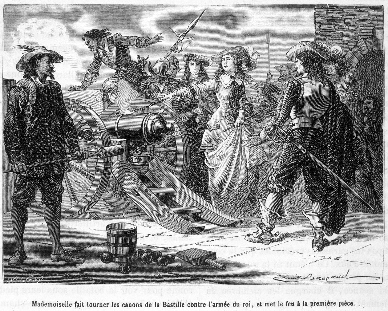 Mademoiselle (Grande Mademoiselle = Duchesse de Montpensier) a Bastille fegyvereit a király serege ellen fordította, és felgyújtotta az első darabot - Henri Martin „Histoire de France populaire” című művében. alkotó: French School