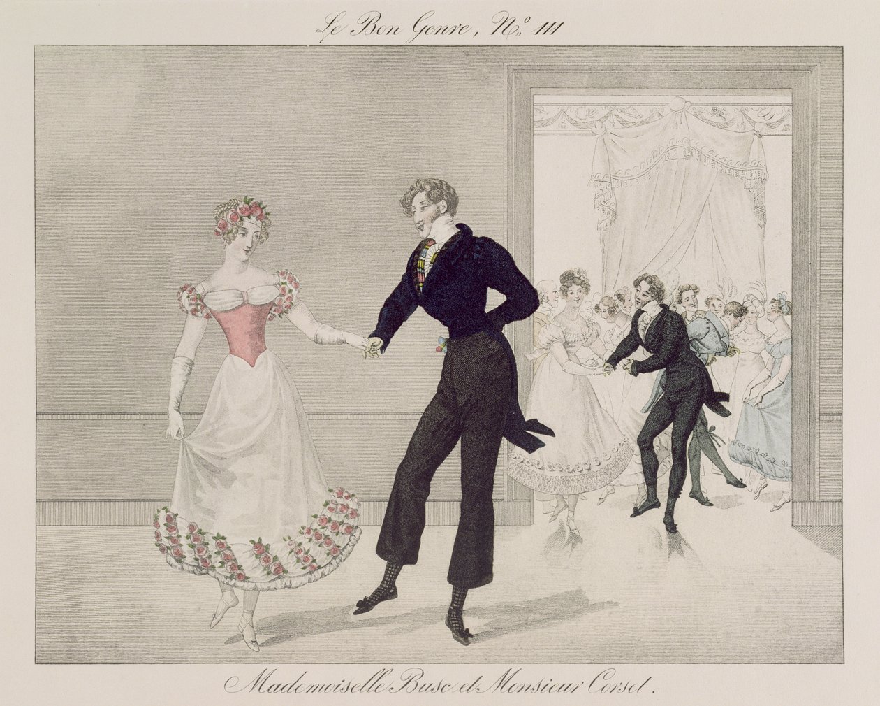 Mademoiselle Busc és Monsieur Fűző, 111-es tábla a le Bon Genre-ből, 1810 körül (színes metszet) alkotó: French School