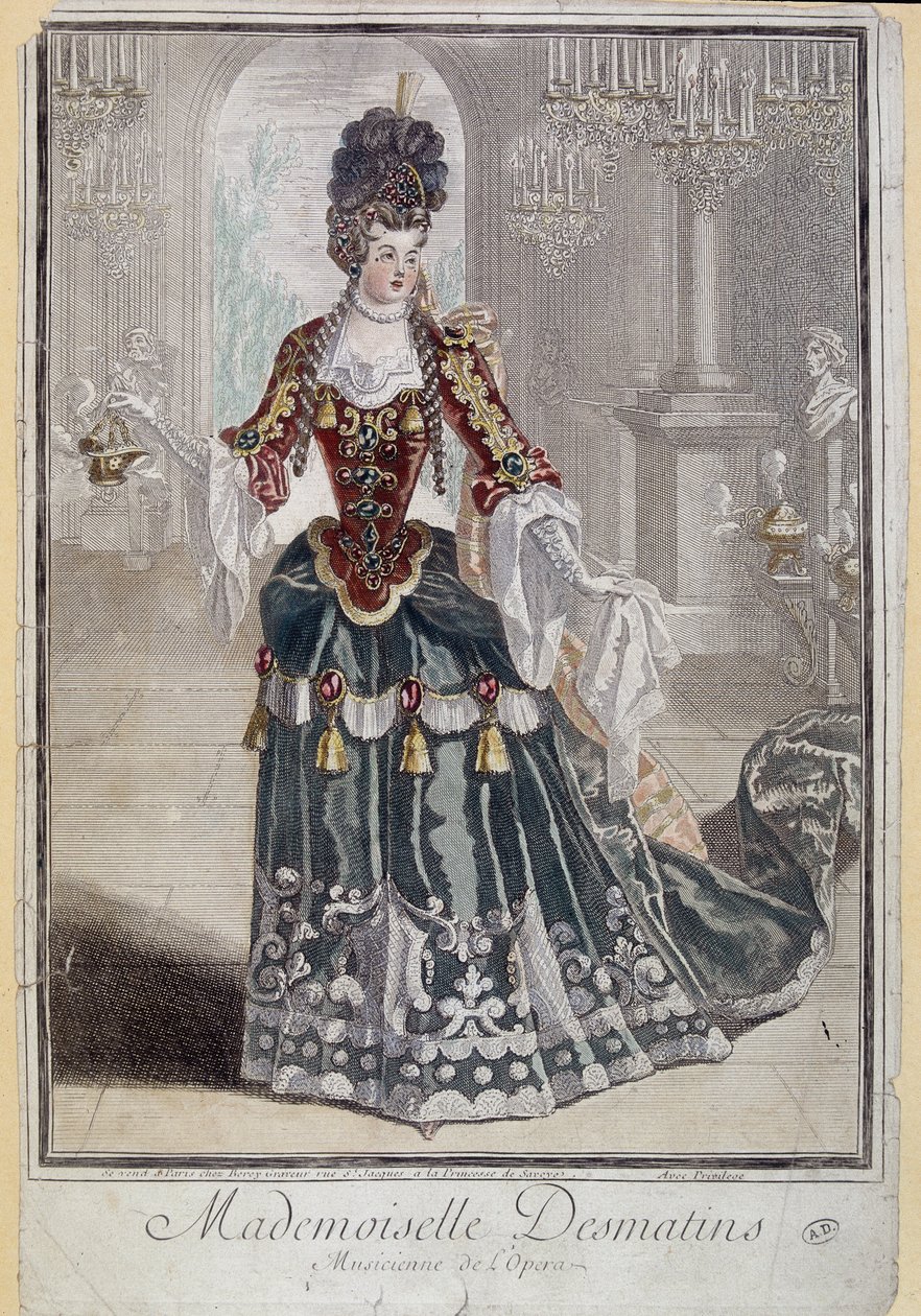 Mademoiselle Desmatins, az Opera zenésze (énekese) - metszet alkotó: French School