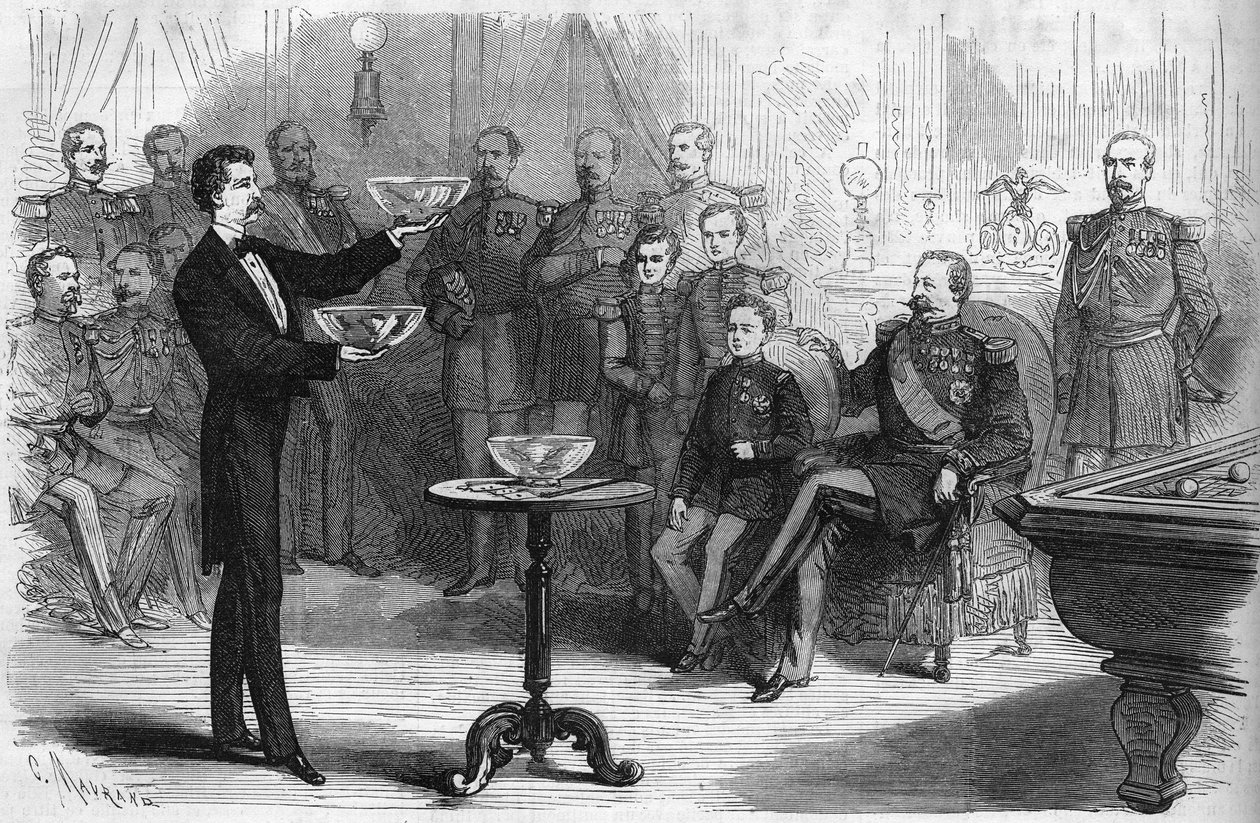 Faure Nicolay úr varázslatos előadása a chalonsi táborban III. Napóleon császár (1808-1873) és fia, császári herceg (1856-1879) jelenlétében alkotó: French School