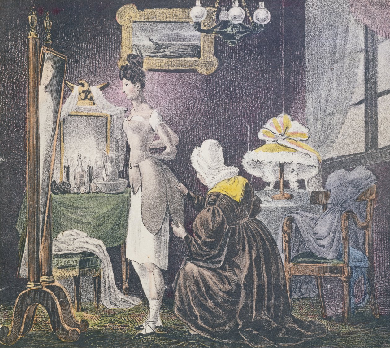 Szobalány segíti szeretőjét, hogy felöltöztesse a mellét és a fenekét, 1830 körül alkotó: French School