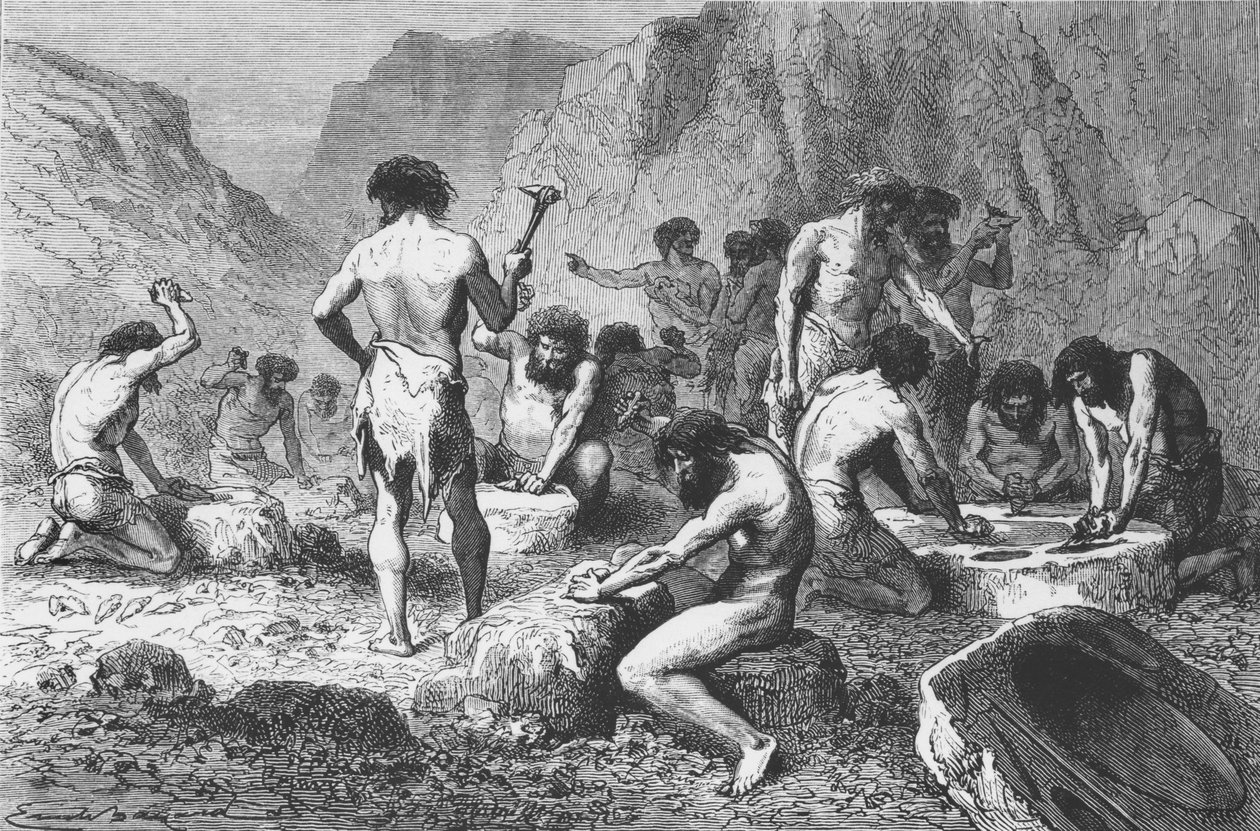 Silex készítése és polírozása Pressignyben, illusztráció az LHomme Primitifből, Louis Figuier, kiadó: Hachette, 1870 alkotó: French School