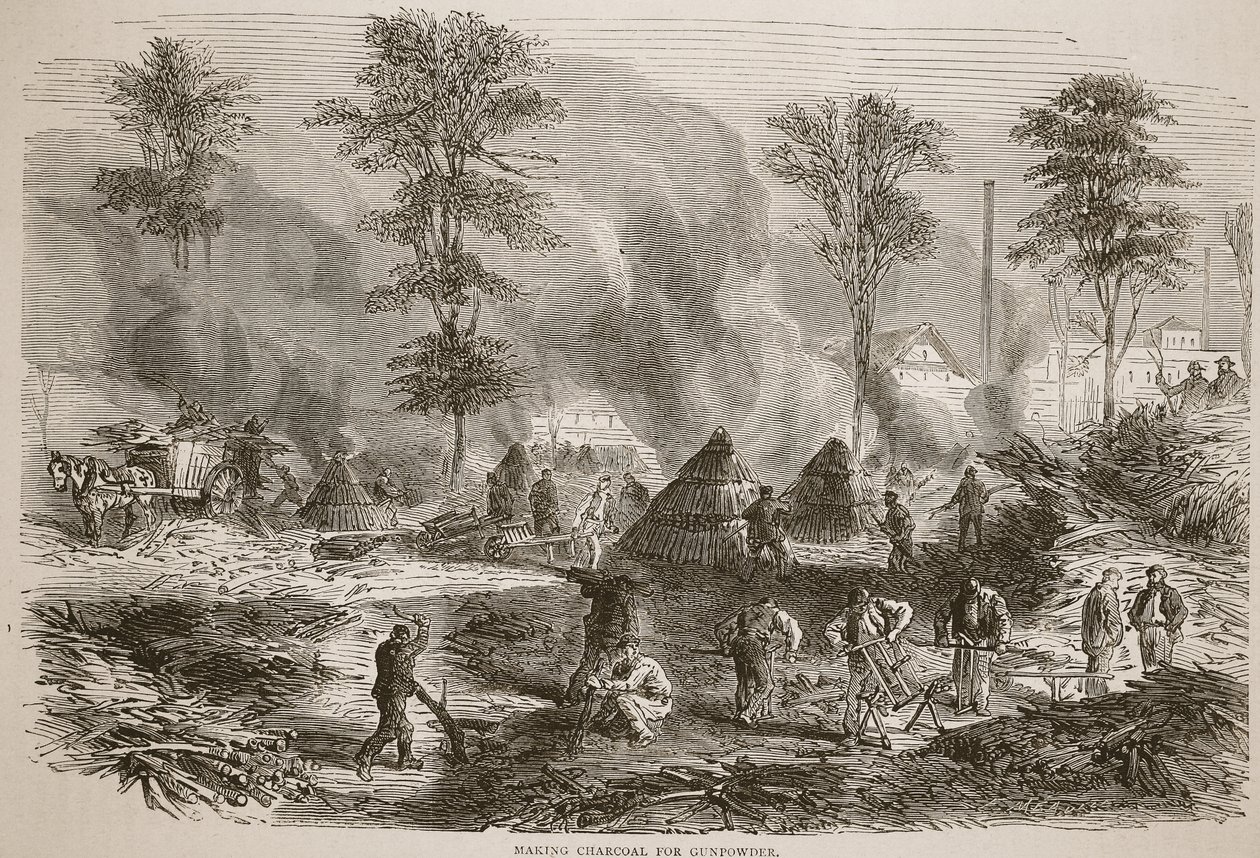 Faszén készítés lőporhoz, illusztráció Cassells: A Franciaország és Németország közötti háború története, 1870-1871 alkotó: French School