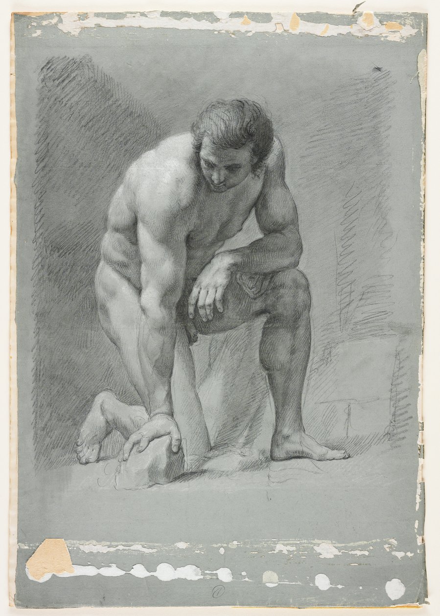 Férfi Akadémia, Térdelve, Előre dőlve egy sziklán, 18. század vége (fekete kréta fehér kiemeléssel) alkotó: French School