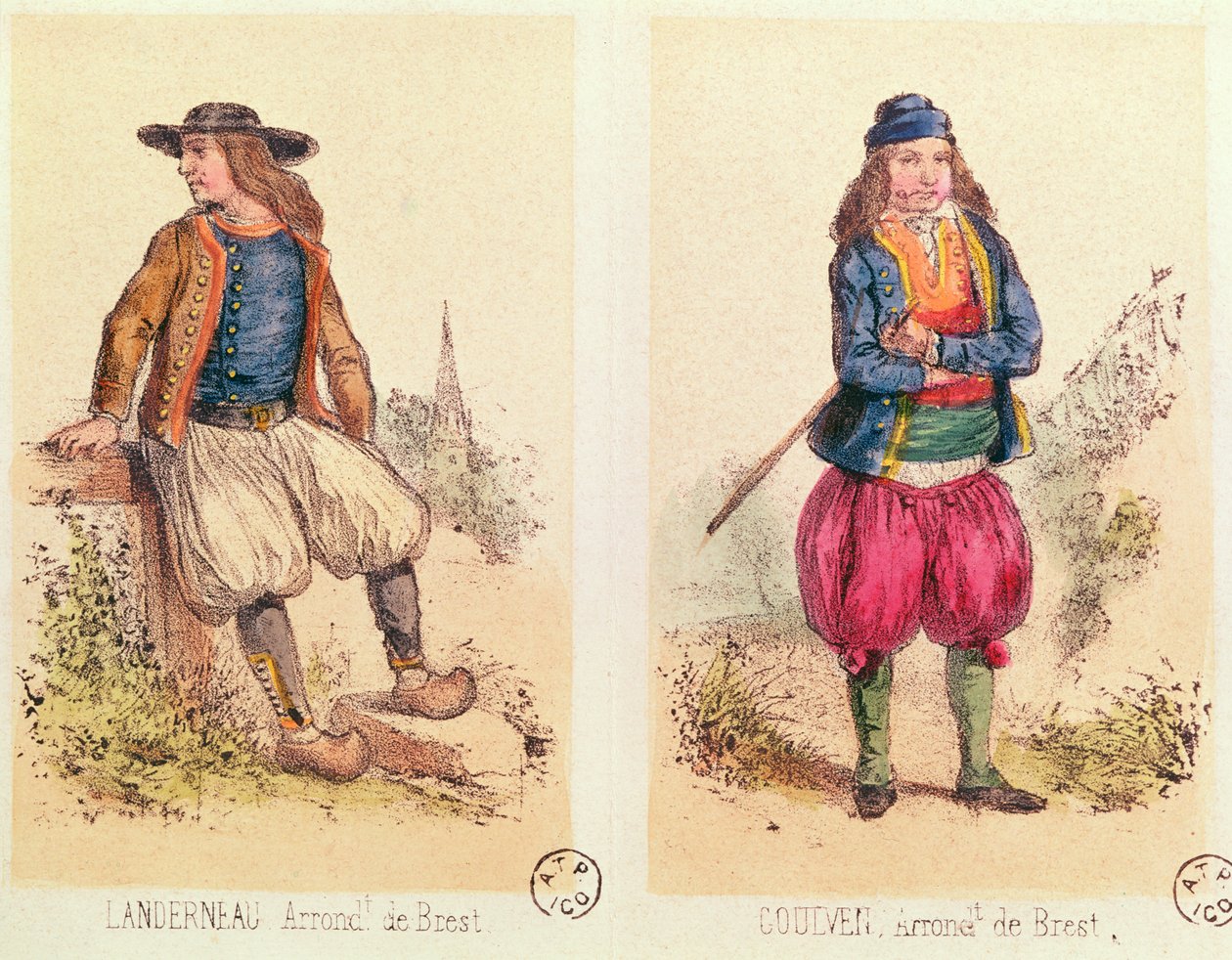 Férfi jelmezek Landerneautól és Goulventől, a Les Costumes Bretons de Sorrieu-tól alkotó: French School