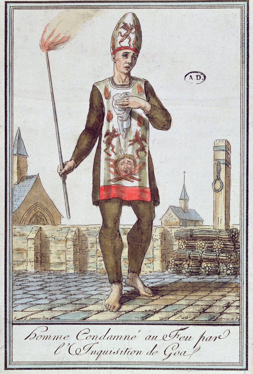 A goai inkvizíció által máglyán való elégetésre ítélt férfi, 18. század vége (színes metszet) alkotó: French School