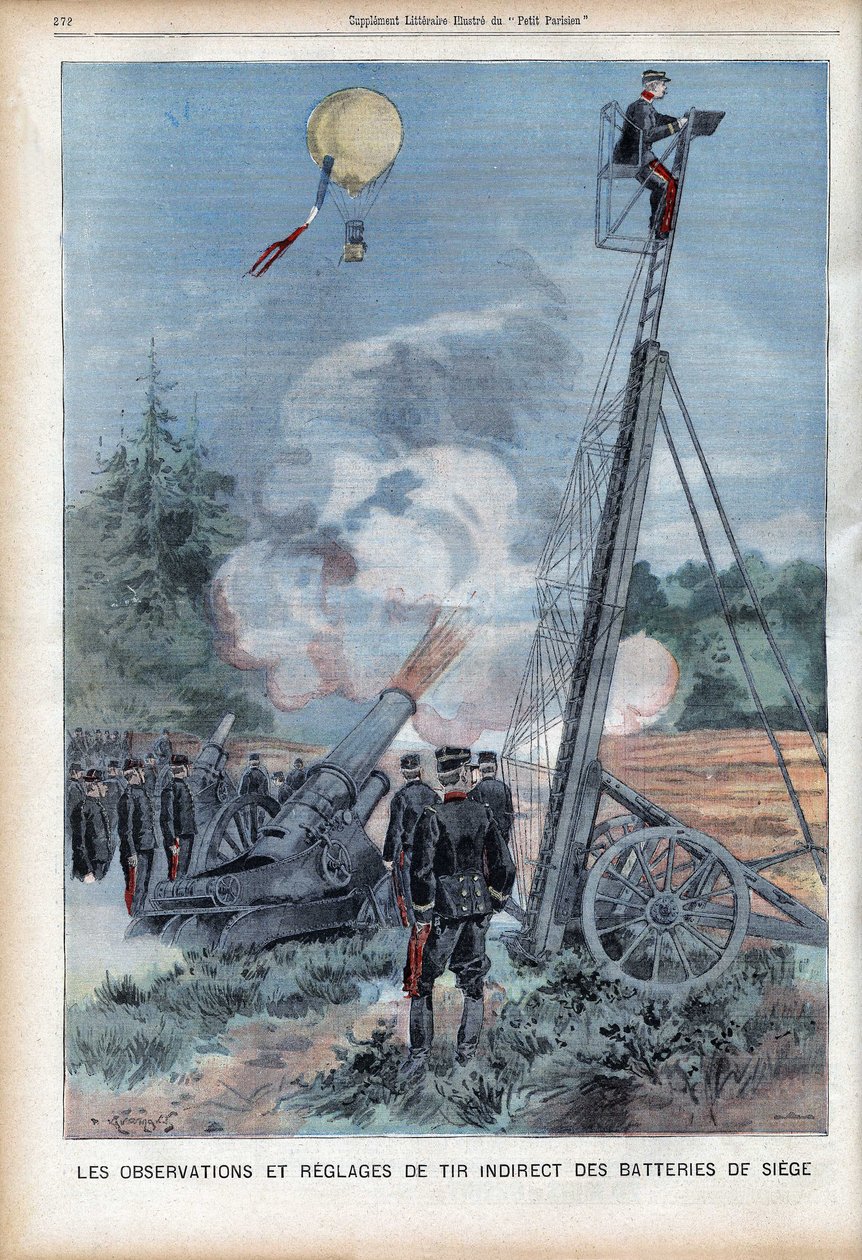 A francia Armee manővere és megfigyelése Langres-ben egy Gugumus-létrával a fegyverek tüzelésének tesztelésére, a „Le Petit Parisien”-ben, 1906.08.26-án (metszet) alkotó: French School