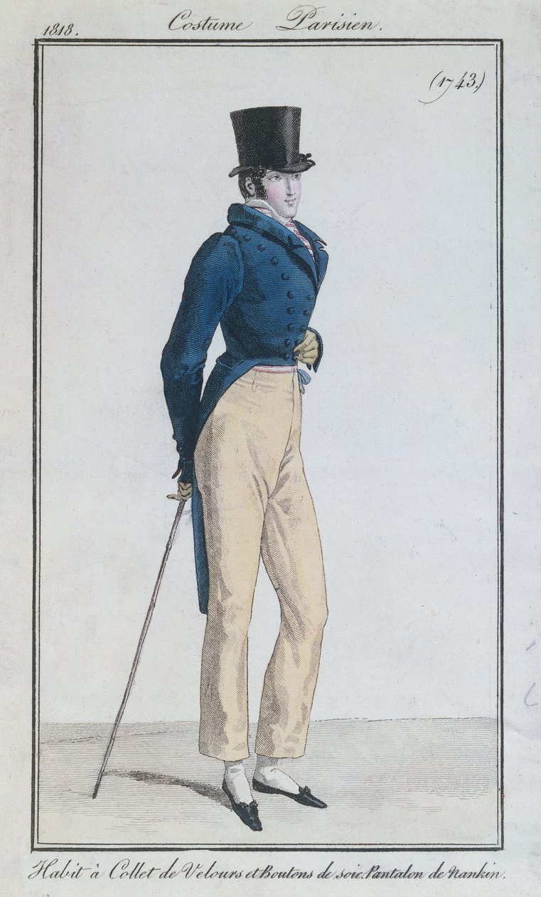 Férfi öltöny bársony gallérral, selyemgombokkal és nadrágtartó nadrággal, 1816 alkotó: French School