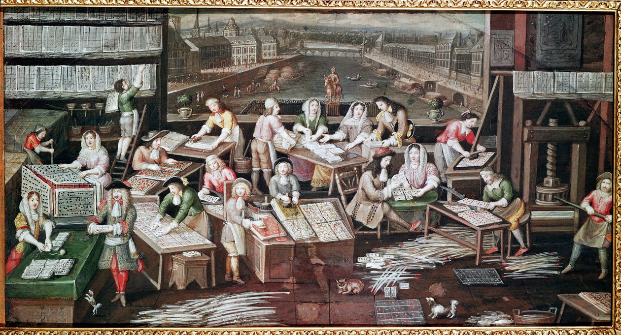 Kártyák gyártása egy házban a Dauphine téren (legyezőnek való tervezés, gouache papíron, 1680 körül) alkotó: French School