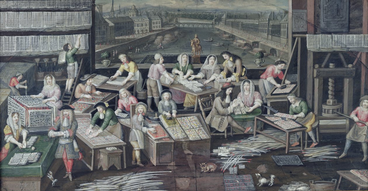 Kártyák gyártása egy házban a Dauphine téren, tervezés ventilátorhoz, 1680 körül alkotó: French School