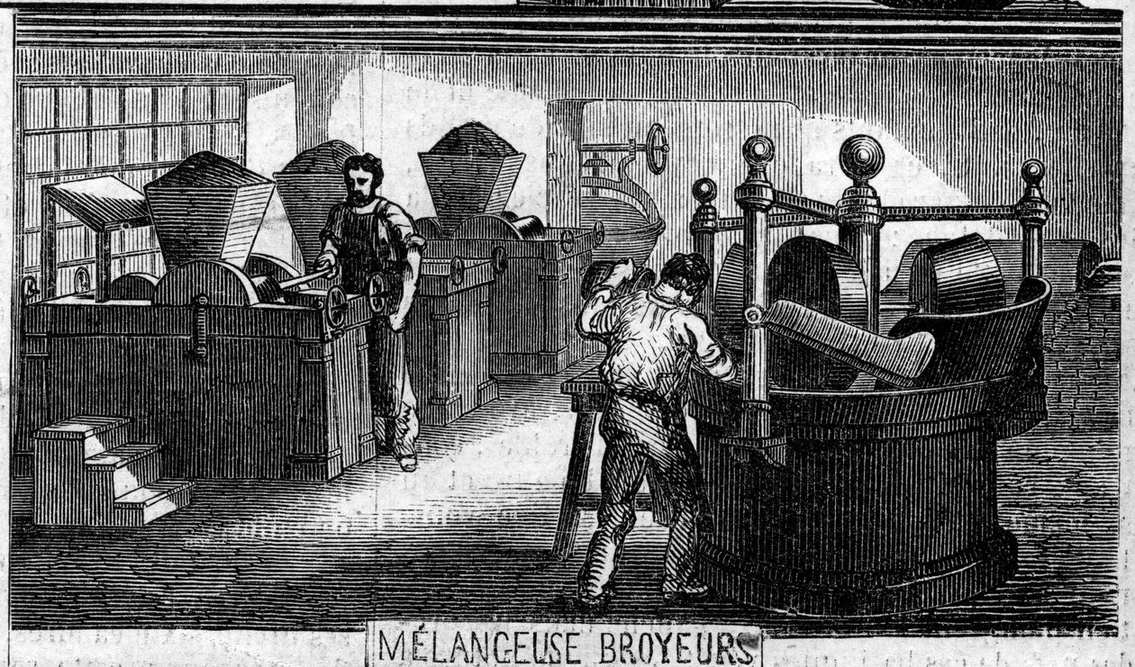 Csokoládé gyártás: melange és őrlőgépek. Usine de M. Masson, Párizs alkotó: French School