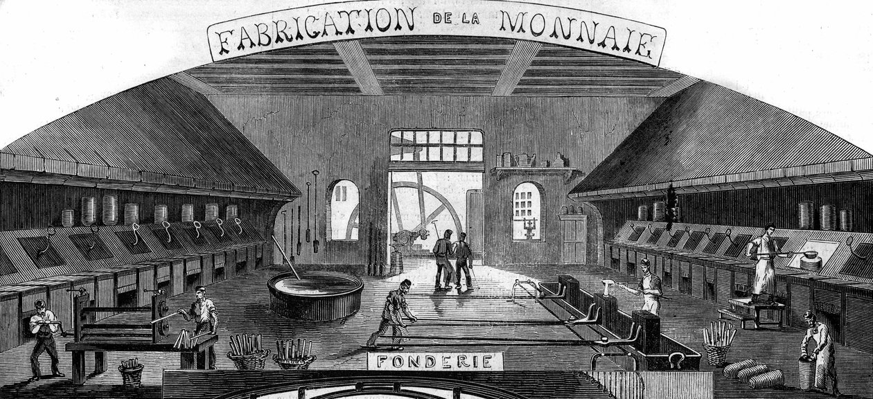 Pénzgyártás: öntöde. Metszet a „Le Monde Illustré” 145. számában, 1860. január 21. alkotó: French School