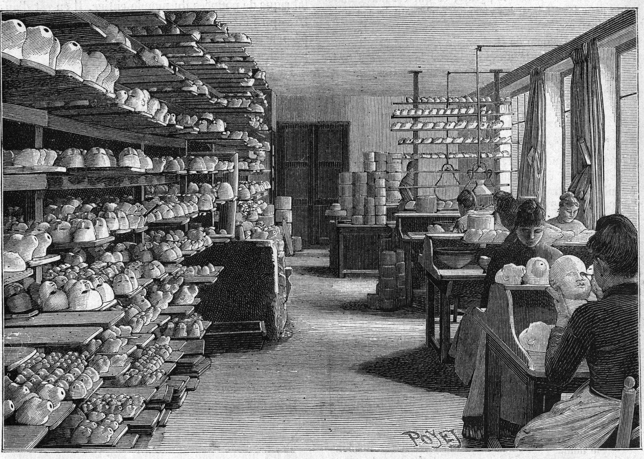 Montreuil babák gyártása 1888-ban. Szoba babafejek szárítására főzés és szemdecoupage előtt. alkotó: French School