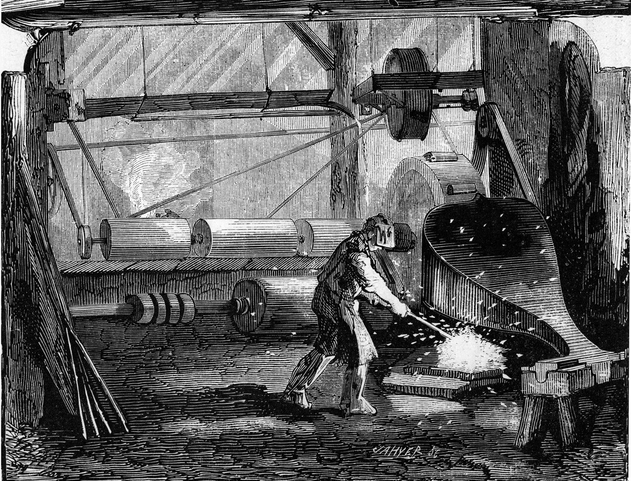 Puskaágyúk gyártása: a vas szalagok piros üresek. Metszet a „” Le Monde Illustré”” 35. számában, 1857. december 12. alkotó: French School