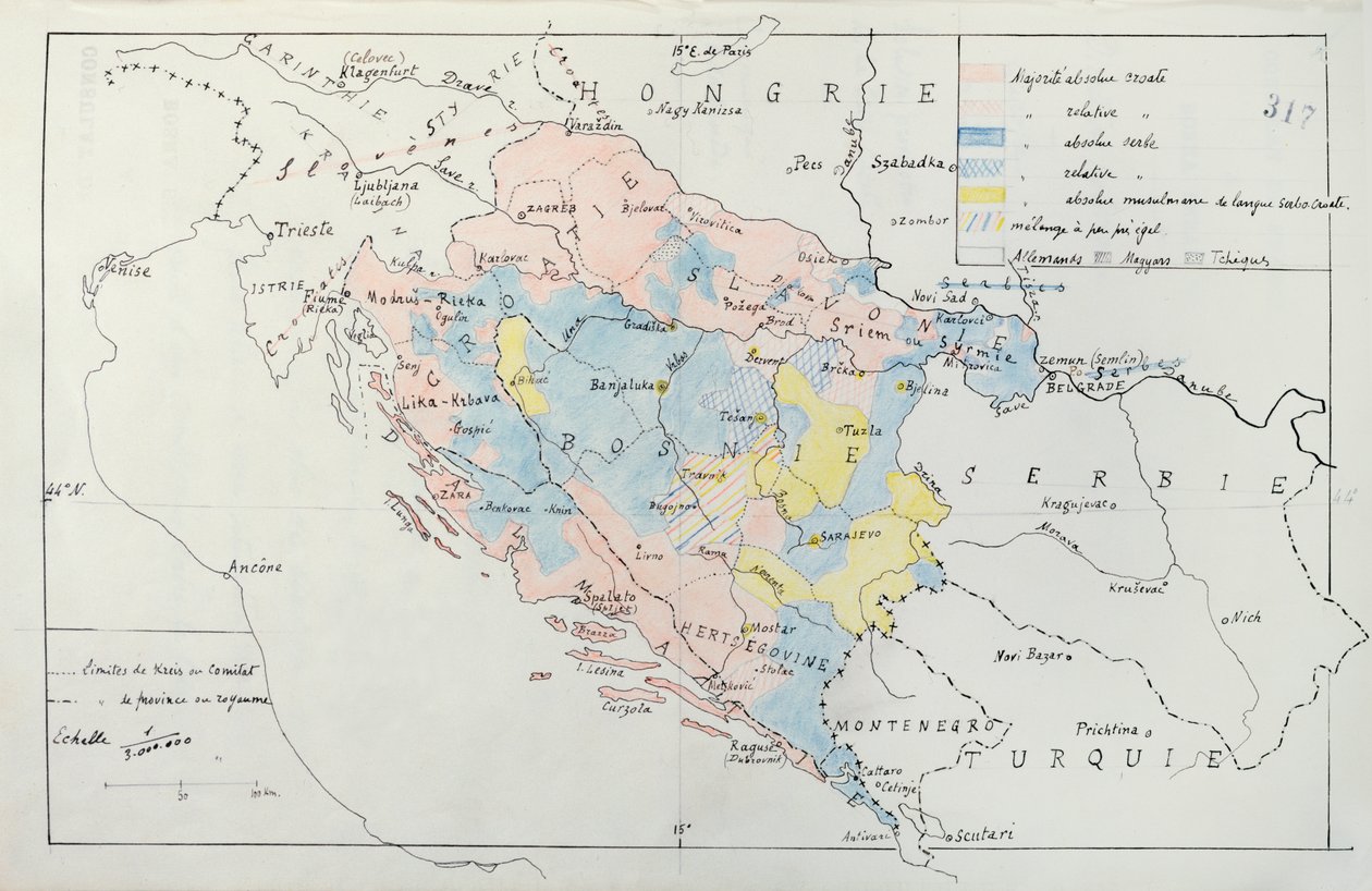 Bosznia térképe a kisebbségi etnikai csoportok által elfoglalt területek részleteivel, 1910 (toll, tinta és wc) alkotó: French School