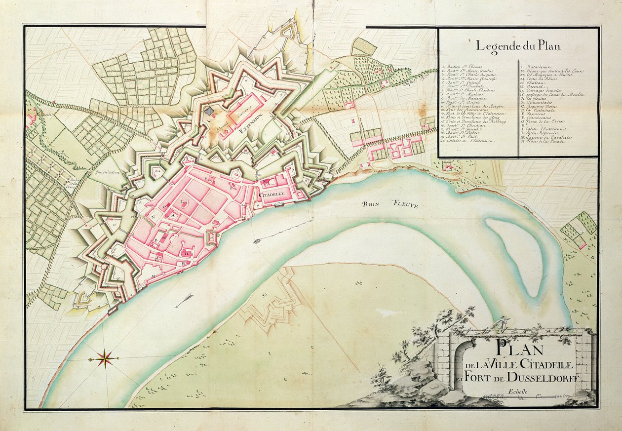 Düsseldorf térképe (toll és tinta papíron) alkotó: French School