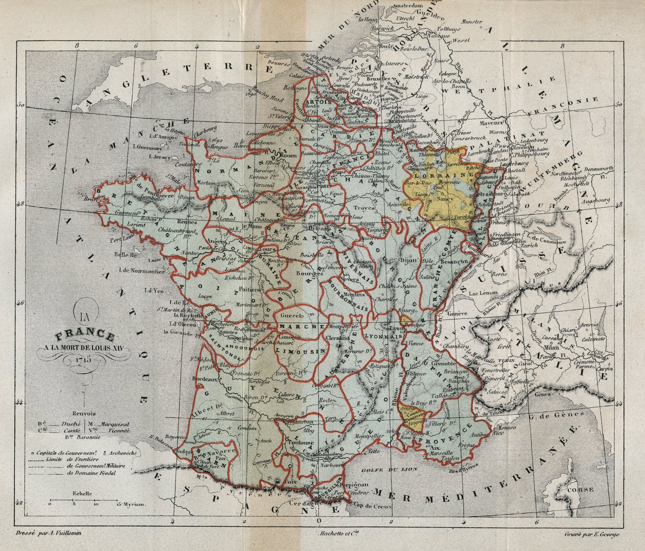 Franciaország térképe XIV. Lajos 1715-ös haláláról - Plan de La france a la mort de Louis XIV en 1715 - Victor Duruy (1811-1894) „” Histoire de France” című metszetébe – 1882 alkotó: French School