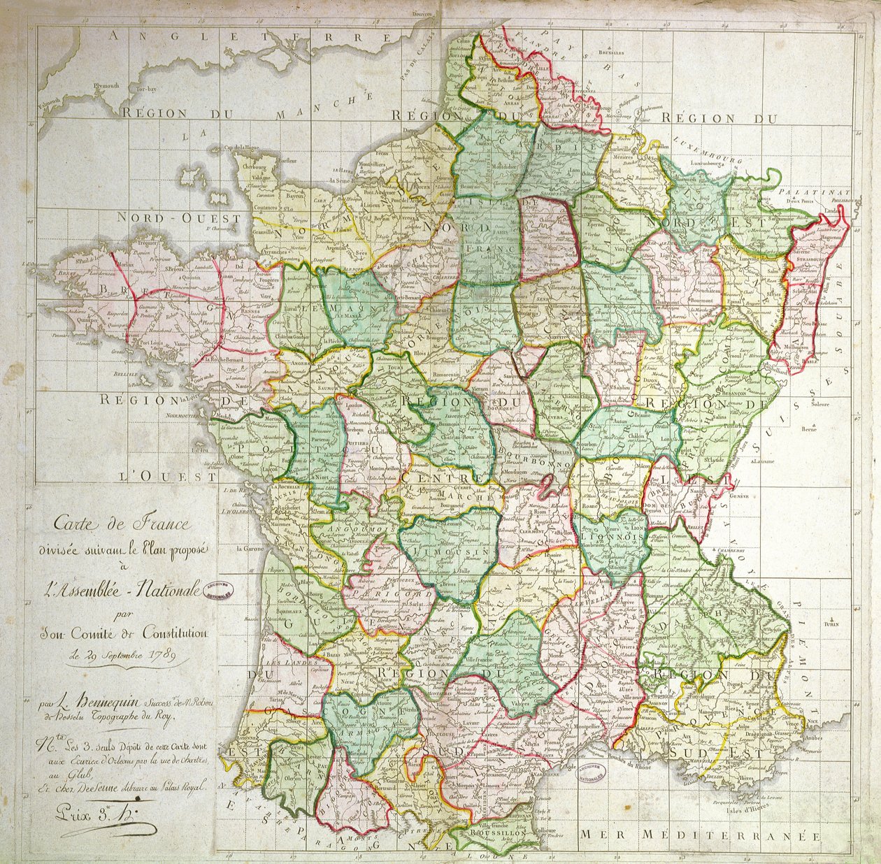 Franciaország térképe a megyék felosztásának terveivel, 1789 (színes litó és tinta) alkotó: French School
