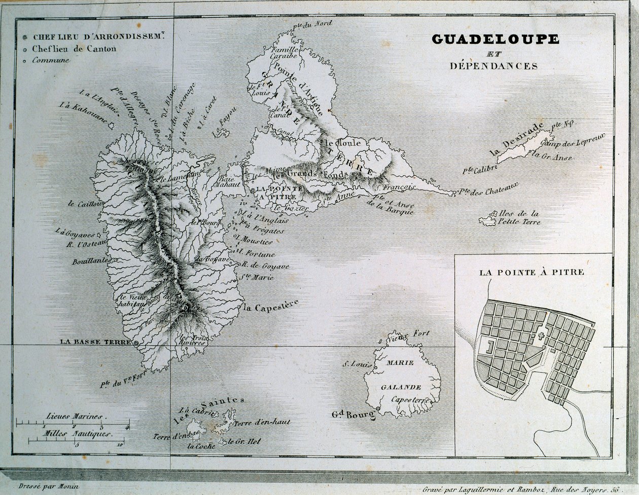 Guadeloupe és függőségei térképe. századi metszet. Chartres, Szépművészeti Múzeum alkotó: French School