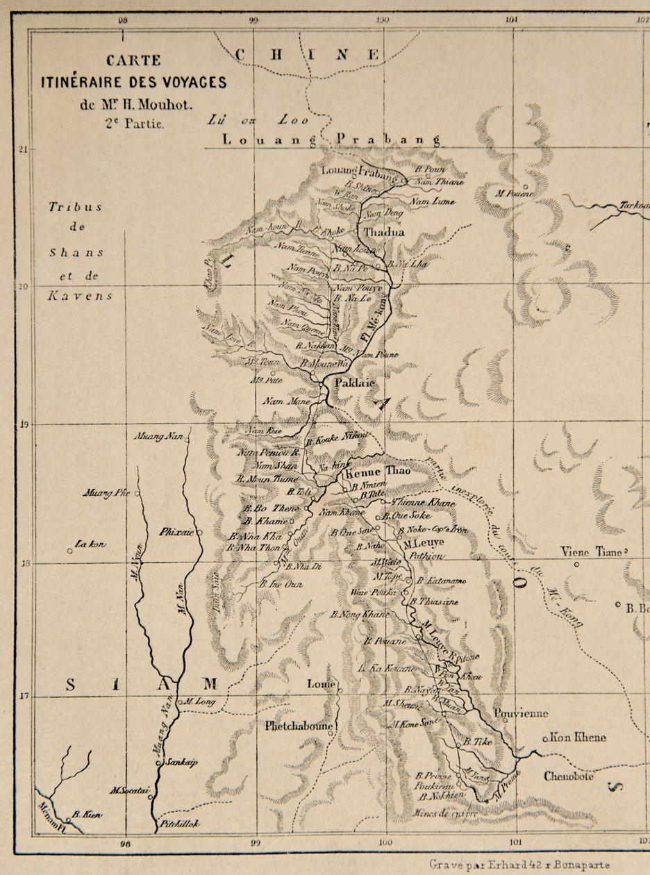 Laosz és a Mekong-folyó térképe, amely Henri Mouhot utazásának útvonalát mutatja, illusztráció az Utazások Indo-Kína (Siam), Kambodzsa és Laosz középső részein 1858-ban, 1859-ben című könyvéből. alkotó: French School