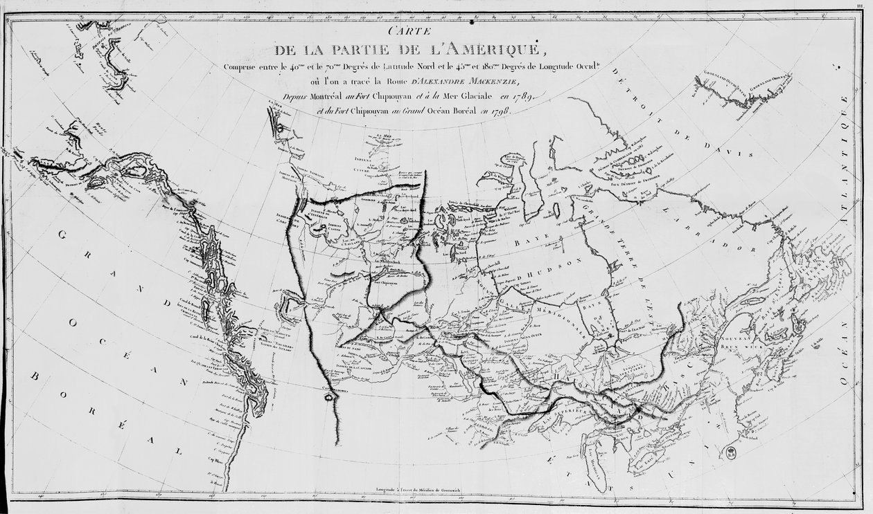 Észak-Amerika térképe, Sir Alexander Mackenzie 1789-es és 1798-as Jeges-tengeri expedícióinak tervezése alkotó: French School