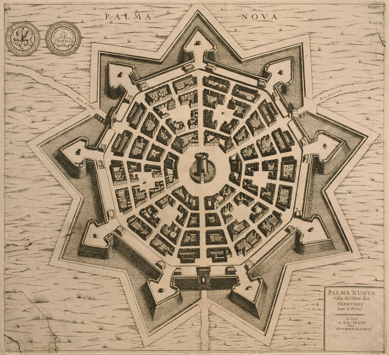 Palmanova térképe, Les Villes de Venetie, 1704, Rutgert Alberts adta ki Hágában alkotó: French School