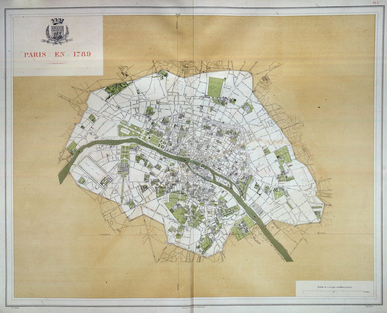 Párizs térképe 1789-ben, a "Les Travaux de Paris 1789-1889, Atlas", Imprimerie Nouvelle című kiadványból. alkotó: French School