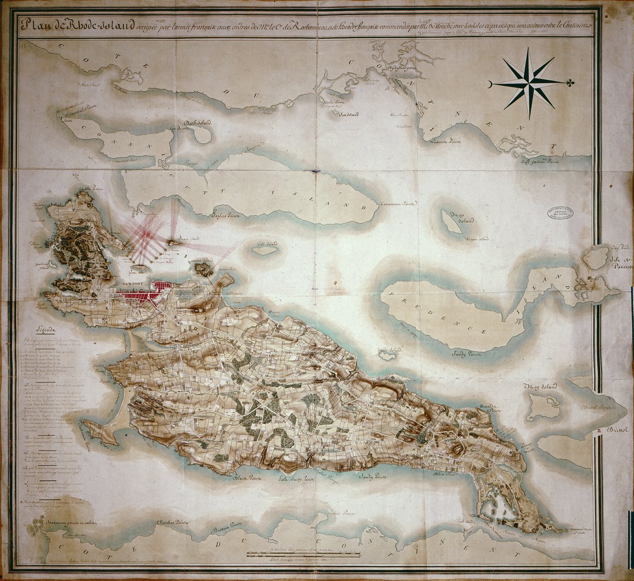 Rhode Island térképe annak idején, amikor Jean-Baptiste de Vimeur (1725-1807) Rochambeau grófja parancsára a francia hadsereg 1780-81 között megszállta. alkotó: French School