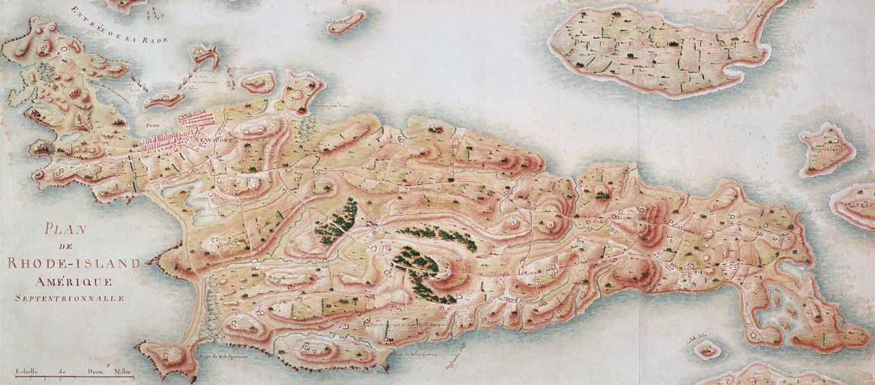 Rhode Island térképe annak idején, amikor Jean-Baptiste de Vimeur (1725-1807) Rochambeau grófja parancsára a francia hadsereg 1780-81 között megszállta. alkotó: French School