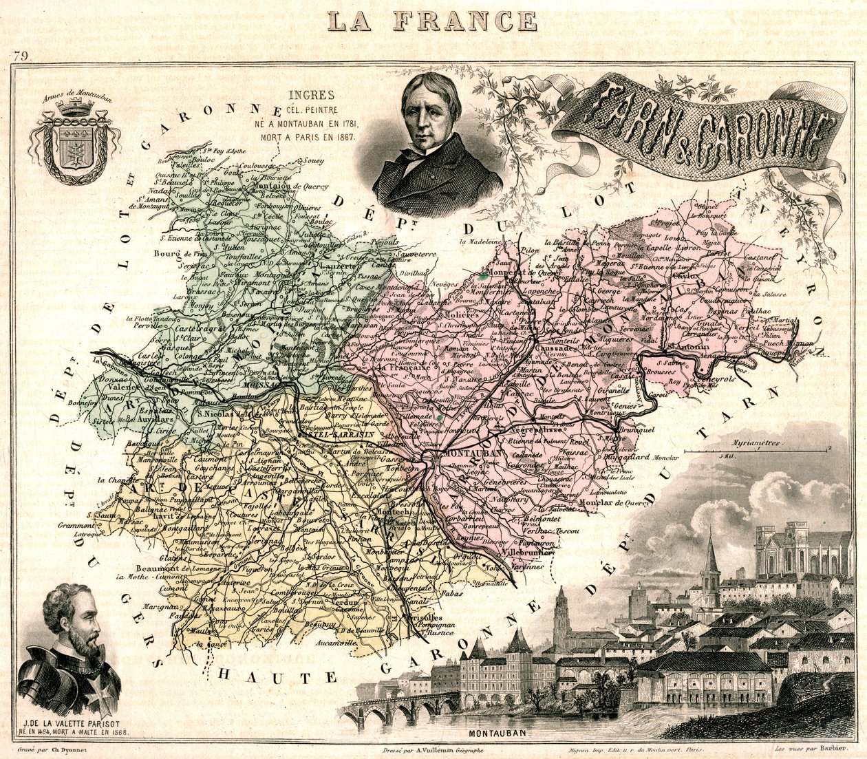 Tarn-et-Garonne térképe, kilátással Montaubanra, valamint Ingres és Jean Parisot de La Valette portréival (színes litó) alkotó: French School