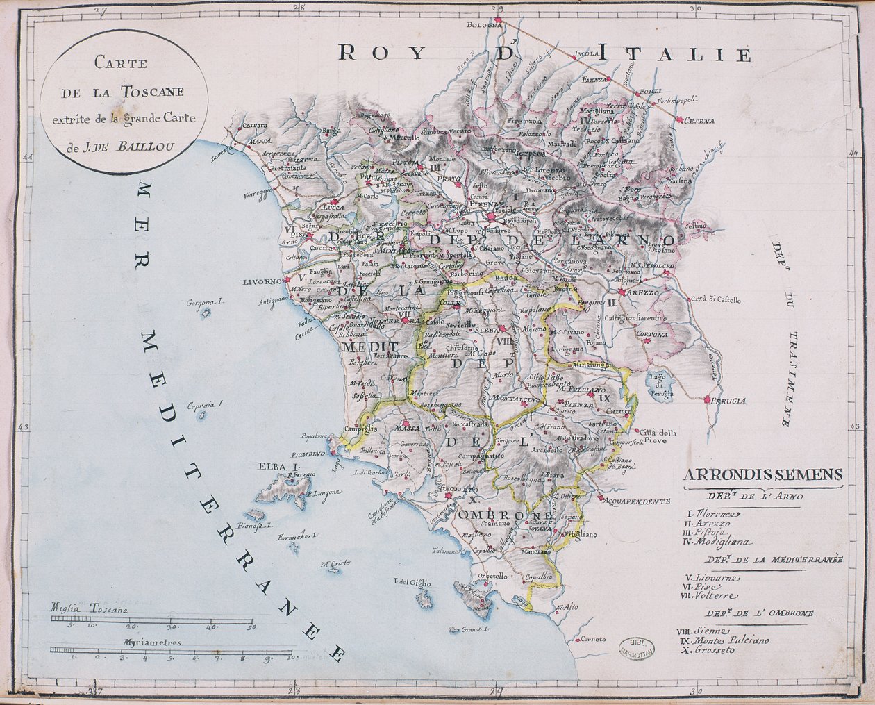 Toszkána térképe, J. de Baillou nagy térképének részlete (ceruza, tus és akvarell papíron) alkotó: French School