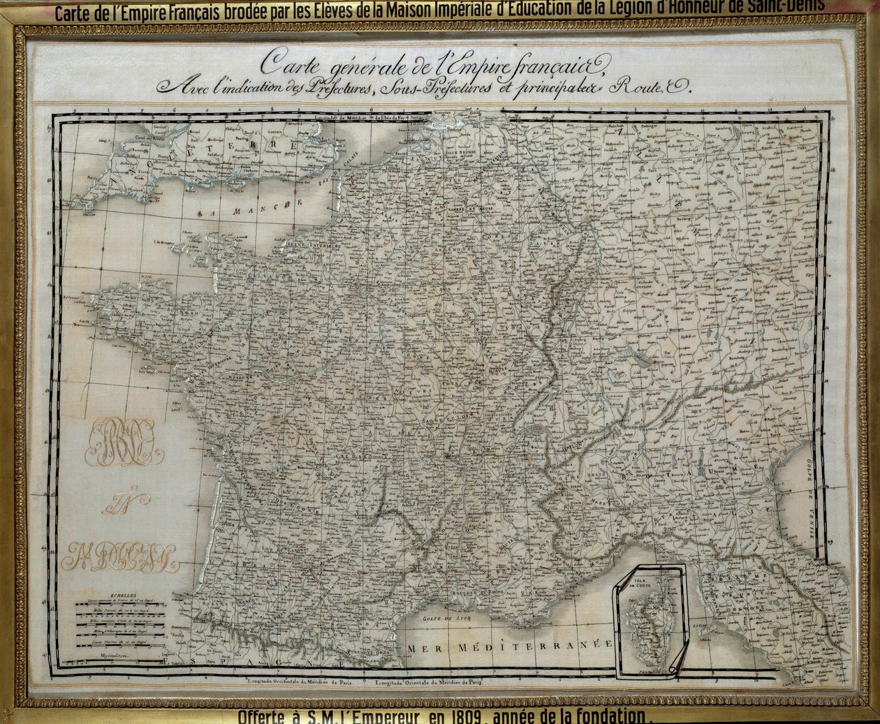 A Francia Birodalom (Első Birodalom) térképe, amelyet a Saint Denis-i Becsület Légió császári házának diákjai hímeztek. Hímzéskép 1809-ből. Ile d