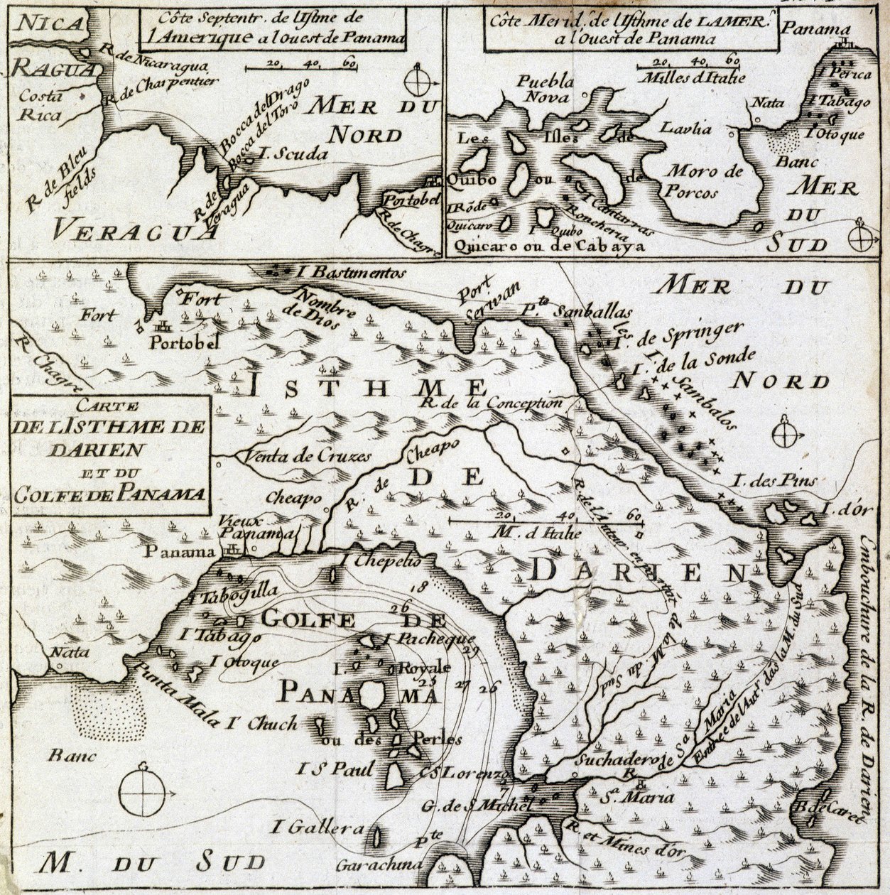 A Darien földszoros és a Panamai-öböl térképe Guillaume Dampier (William Dampier) „Új utazás a világ körül” című művében alkotó: French School