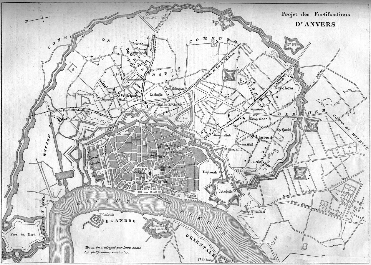 Antwerpen (Belgium) város térképe 1859-ben; amely az új erődítmények projektjét képviseli. Metszet a „” Le Monde Illustré”” 128. számában, szeptember 24 alkotó: French School