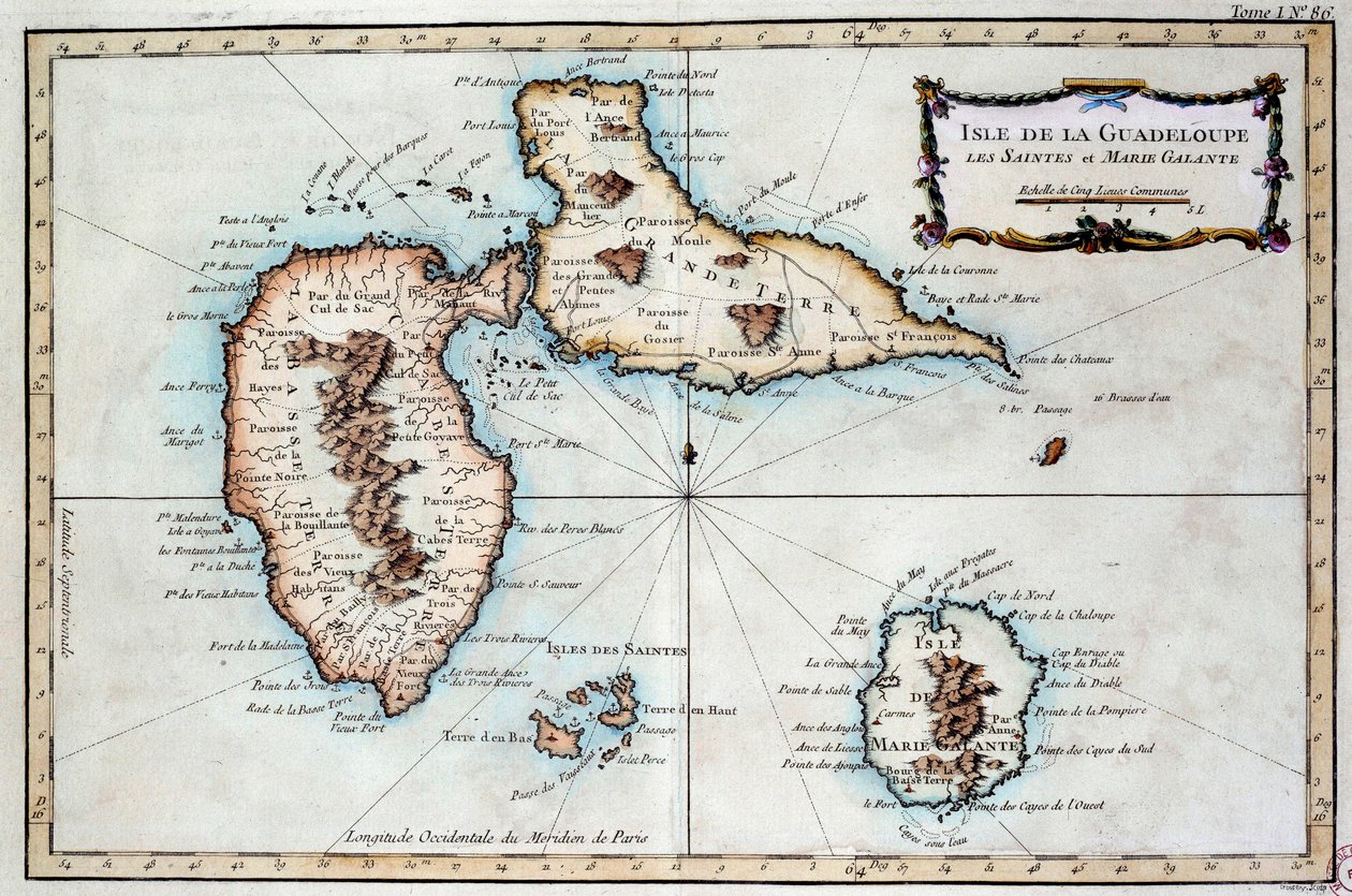 Martinique szigetének, Saintes szigetének és Marie Galante szigetének térképe Nyugat-Indiában. A 19. századi Chartres metszete, Musee des Beaux Arts alkotó: French School