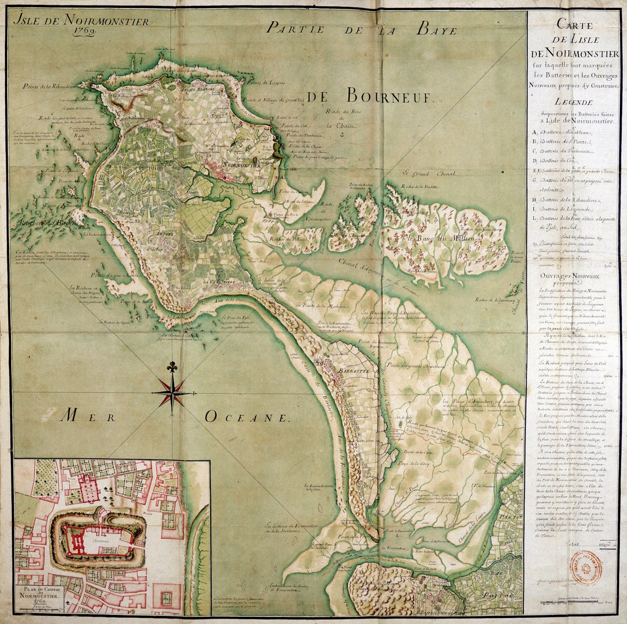 Noirmoutier szigetének térképe a vár térképével együtt, 1769-ben készült. alkotó: French School