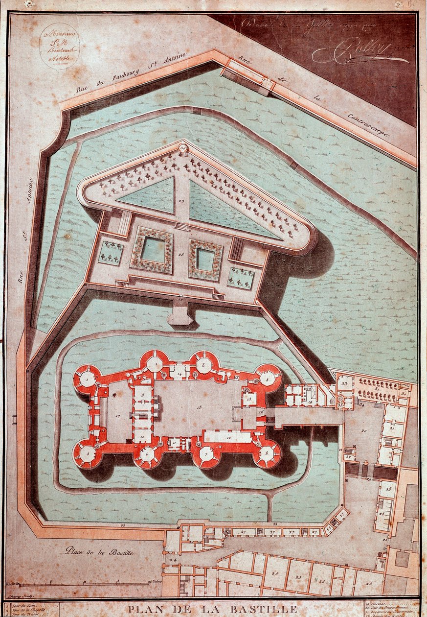 A börtön és a Bastille kertjének térképe (metszet alkotó: French School
