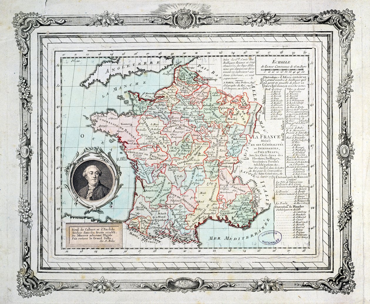 Franciaország régióinak és körzeteinek térképe, amely Carte de Necker néven ismert, 1789 alkotó: French School