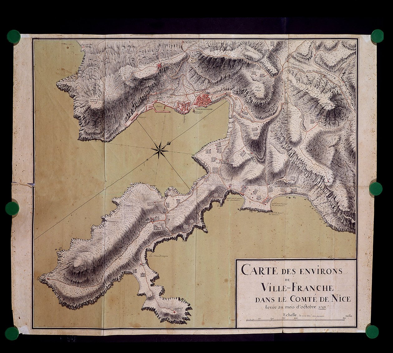 Villefranche környékének térképe a nizzai töltés grófjában 1748 októberében alkotó: French School