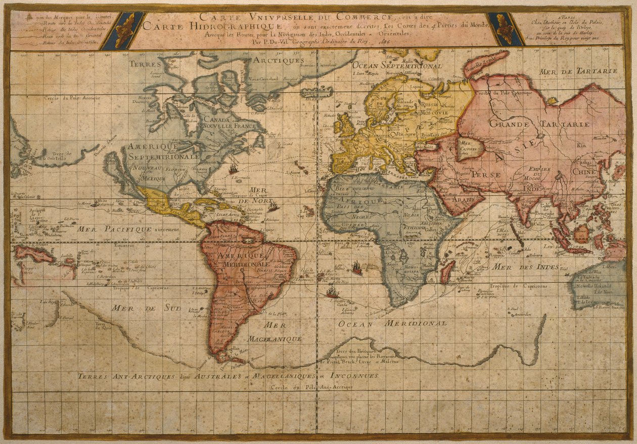 A világkereskedelmi hajózási útvonalakat ábrázoló térkép, Pierre Duval (1619-83) 1686-ban megjelent térképe, Párizs (színes metszet) alkotó: French School