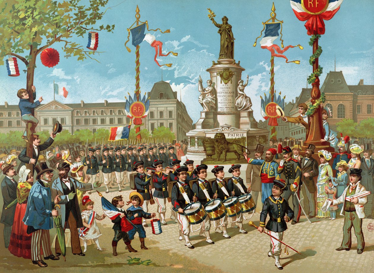 Iskolai zászlóaljak menetelése 1883. július 14-én a Place de la Republique-n alkotó: French School