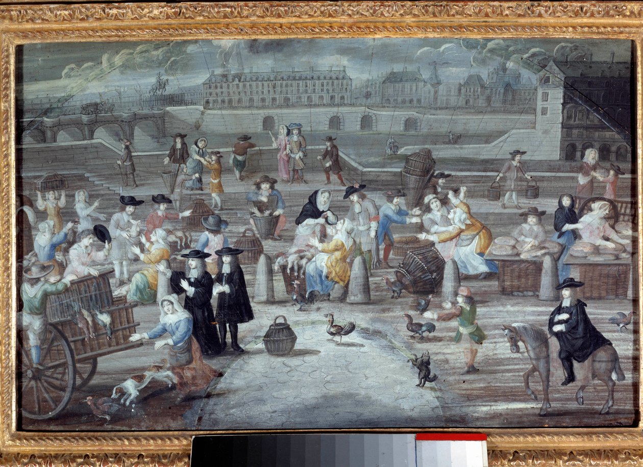 Baromfi és kenyér menet, quai des Grands Augustins Párizsban 1660-ban. Névtelen francia festmény alkotó: French School