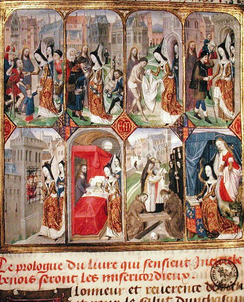 Yorki Margit (megh. 1503) Merész Károly (1433-77) Burgundia hercegének harmadik felesége, jótékonysági cselekedeteket végrehajtva, a „Traite Sur La Misericorde”-ból (vellum) alkotó: French School