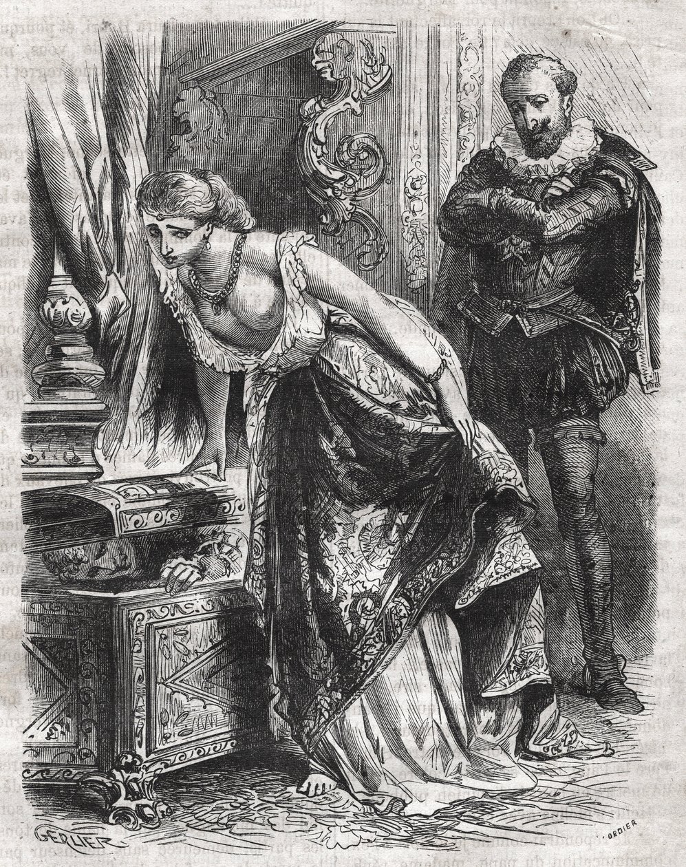 Marguerite de Valois (1553-1615), akit Margot királynőként ismernek, egy széfben rejti el Julien de Lerist, szeretőjét. Férje, IV. Henrik francia király (1553-1610) szórakozottan figyeli a jelenetet. 16. század. Metszet 1871-ből a „Histoire Des Cocuses Cel alkotó: French School